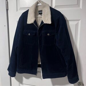 Express Men's Navy Corduroy Jacket with Sherpa Collar